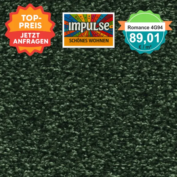 Teppichmuster mit Label „Impulse WOLFSBURG“ und Badge „Romance 4G94 – 89,91 €/m²“